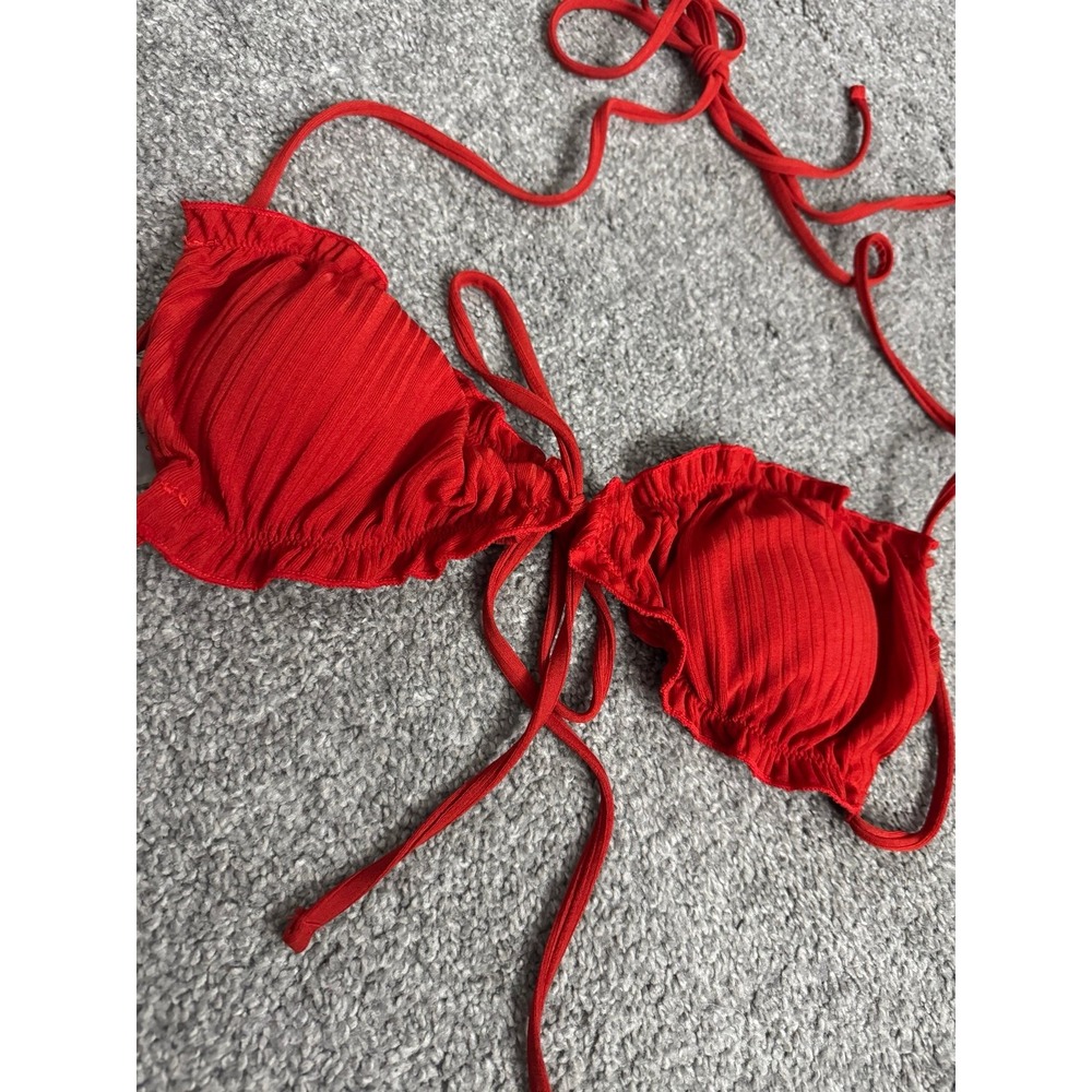 Red Ribbed Bikini Swimsuit Top Ruffle Trim Adjustable 2-Way Wear Women Size S